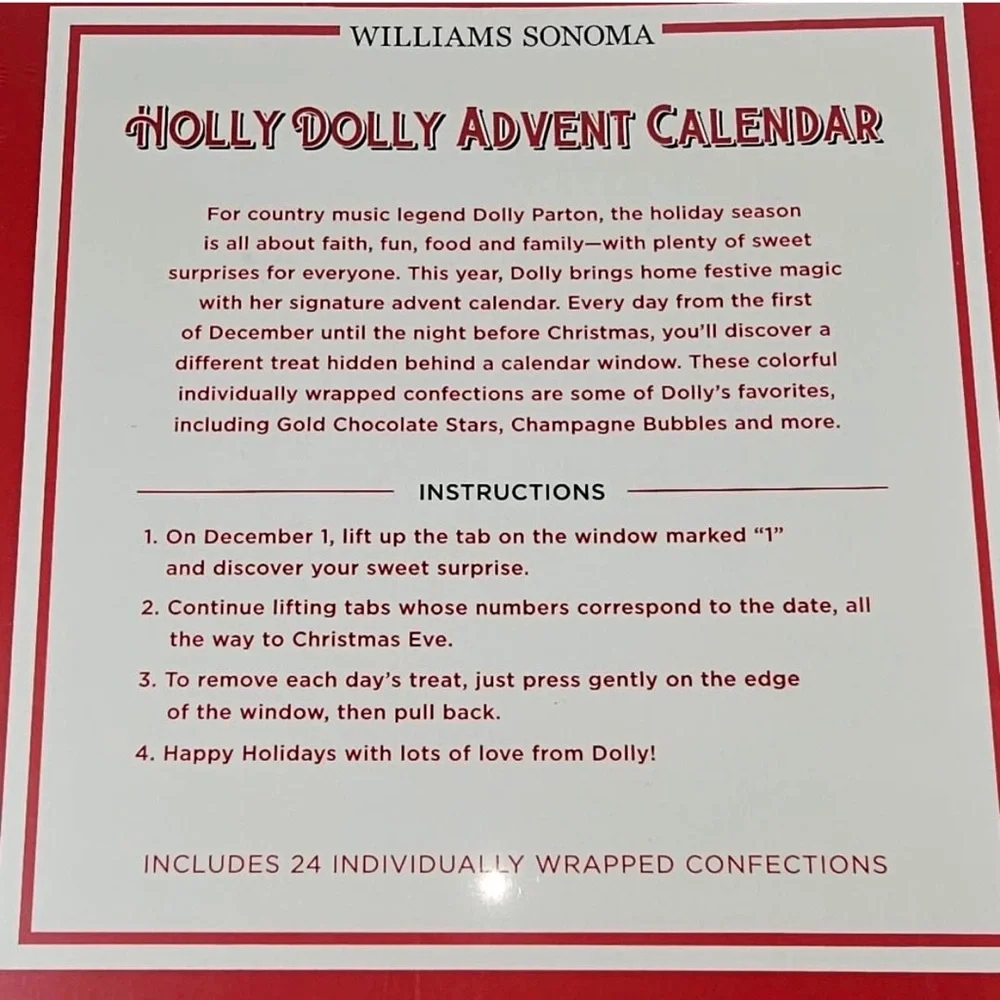Williams Sonoma Holly Dolly Advent Calendar with 24 days of sweets! NWT FESTIVE!